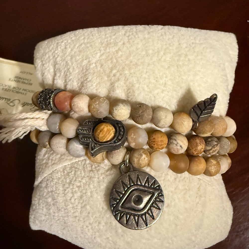 Bohemian Beaded Bracelet Set - Tan and Silver